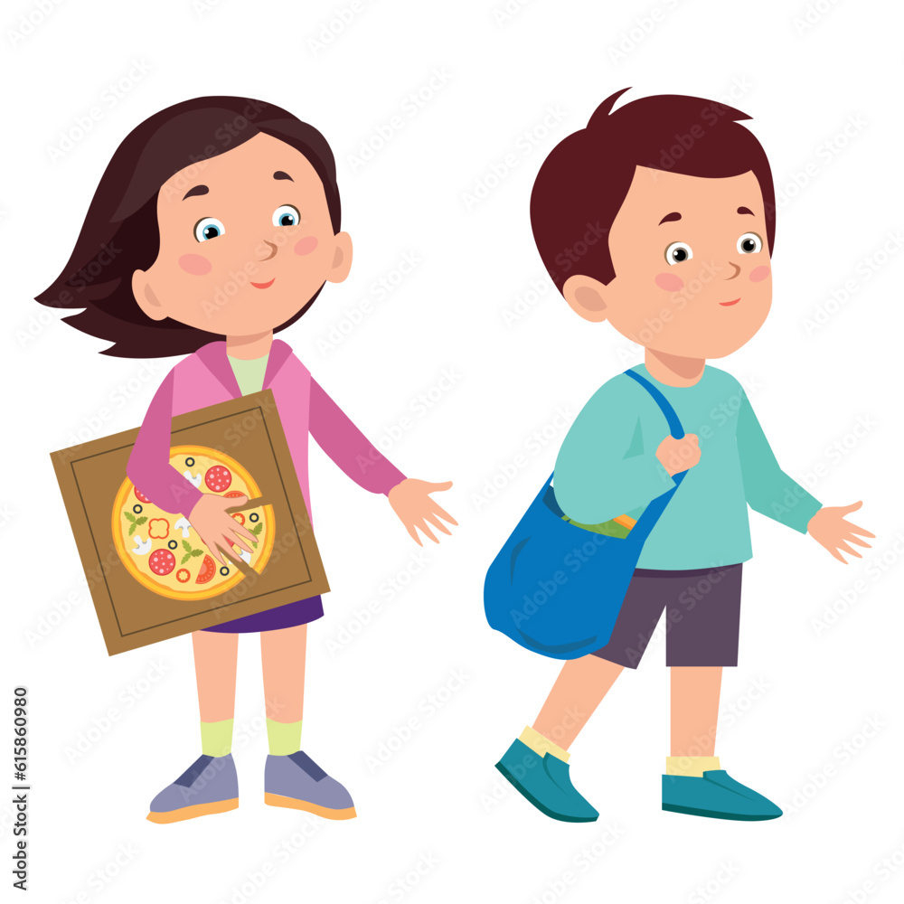 A boy with a bag and a girl with a pizza on a white background