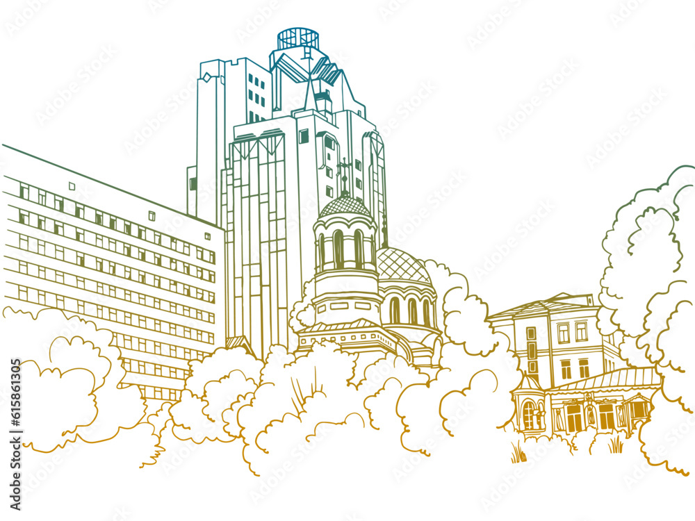 Nice cityscape of the old Kiev, Ukraine. Urban landscape in hand drawn sketch style. Ink line sketch. Vector illustration on white. Postcard style. Urban sketch. Without people.