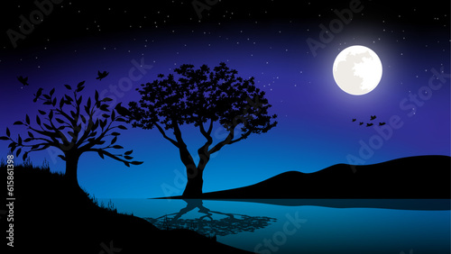 Night landscape with big moon Background design.