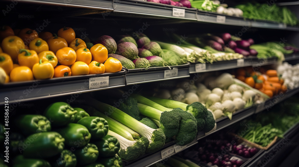 Vibrant Fresh Fruits and Vegetables Adorn Supermarket Shelves. Generative AI