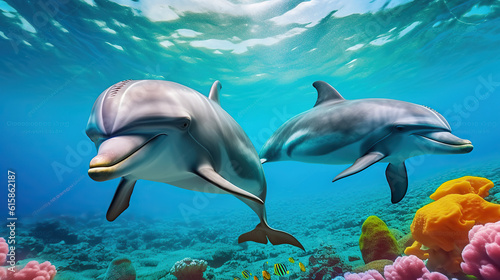A Couple of dolphins in colorful underwater. Generative AI © Gasspoll