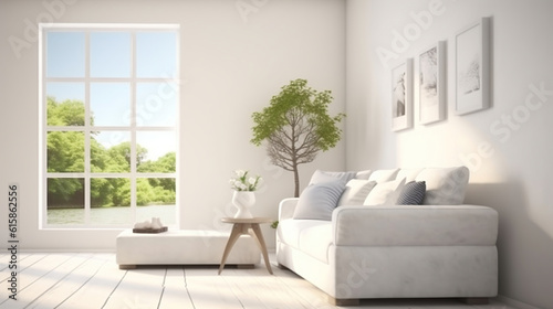 Idea of white room with sofa and summer landscape in window. Scandinavian interior design. Generative AI