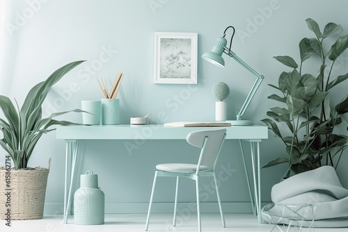 pastel green monochromatic desk with a plant pot for an office. For a desk and workspace, keep it simple. Idea of working from home while staying at home. mockup model,. Generative AI © Vusal