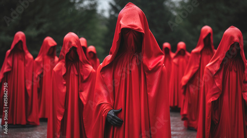 A group of people in red hooded costumes perform a ritual against a nature background. AI generated	
 photo