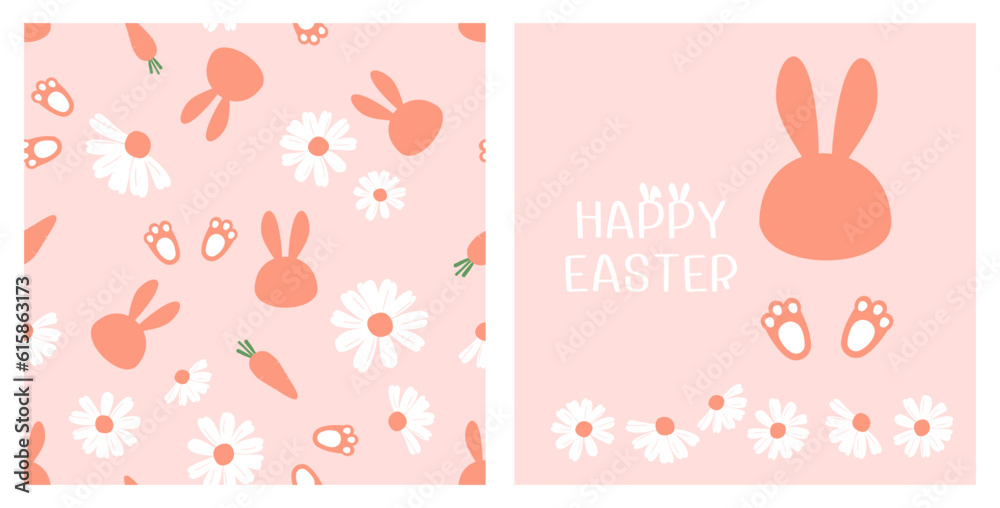 Seamless pattern with bunny cartoons, carrot, rabbit's foot and daisy flower on pink background. Happy Easter icon signs with rabbit face, foot and daisy flower vector illustration. Seamless pattern with bunny cartoons, carrot, rabbit's foot and daisy flower on pink background. Happy Easter icon signs with rabbit face, foot and daisy flower vector illustration.