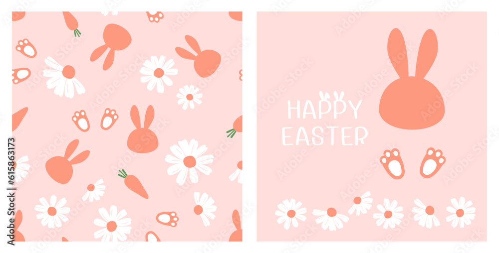 Seamless pattern with bunny cartoons, carrot, rabbit's foot and daisy flower on pink background. Happy Easter icon signs with rabbit face, foot and daisy flower vector illustration.