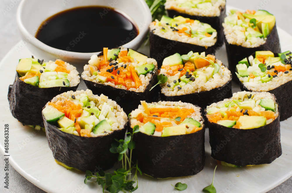 Vegan Sushi Rolls with Fresh Vegetables and Quinoa, Tasty Vegetarian Meal Vegan Sushi Rolls with Fresh Vegetables and Quinoa, Tasty Vegetarian Meal