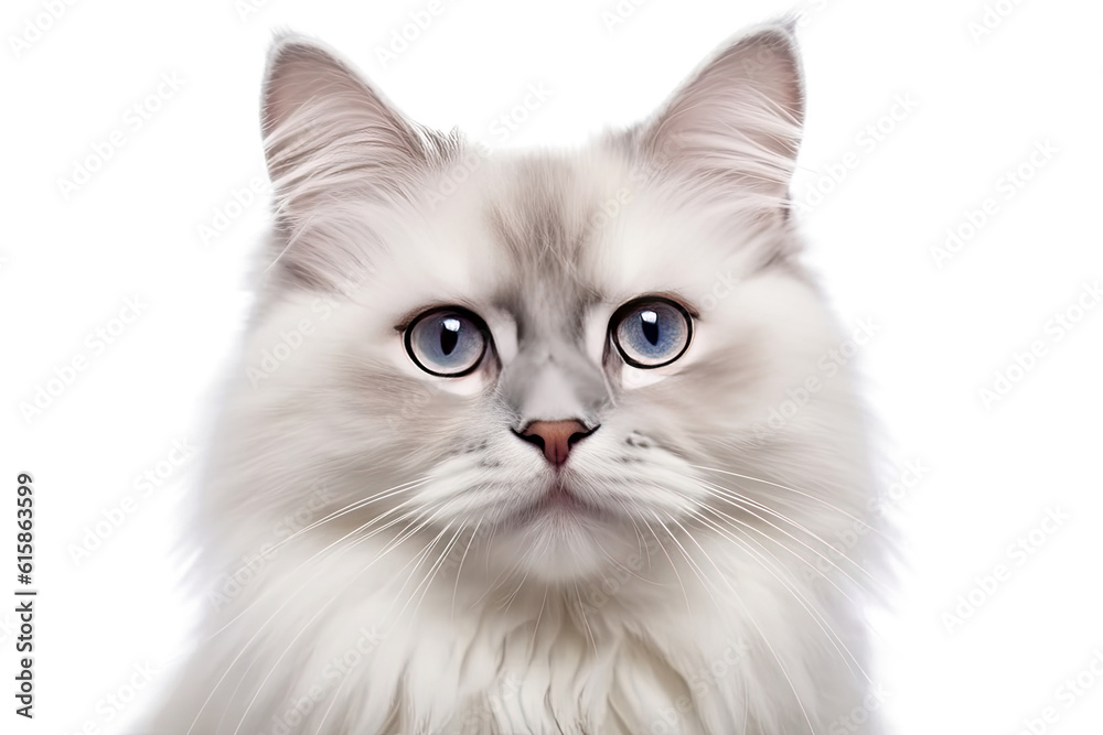 Cute fluffy portrait kitty Cat Ragdoll looking at camera isolated on clear png background, funny moment, pet concept, with Generative Ai.