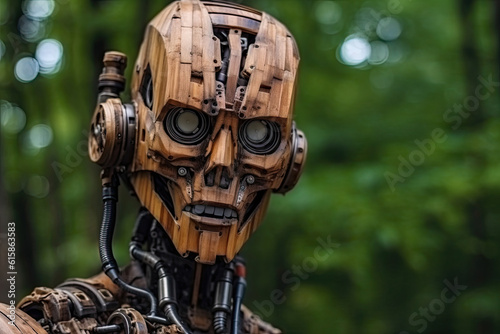 a robot that is standing in front of some trees and looking at the camera with his eyes closed stock photo