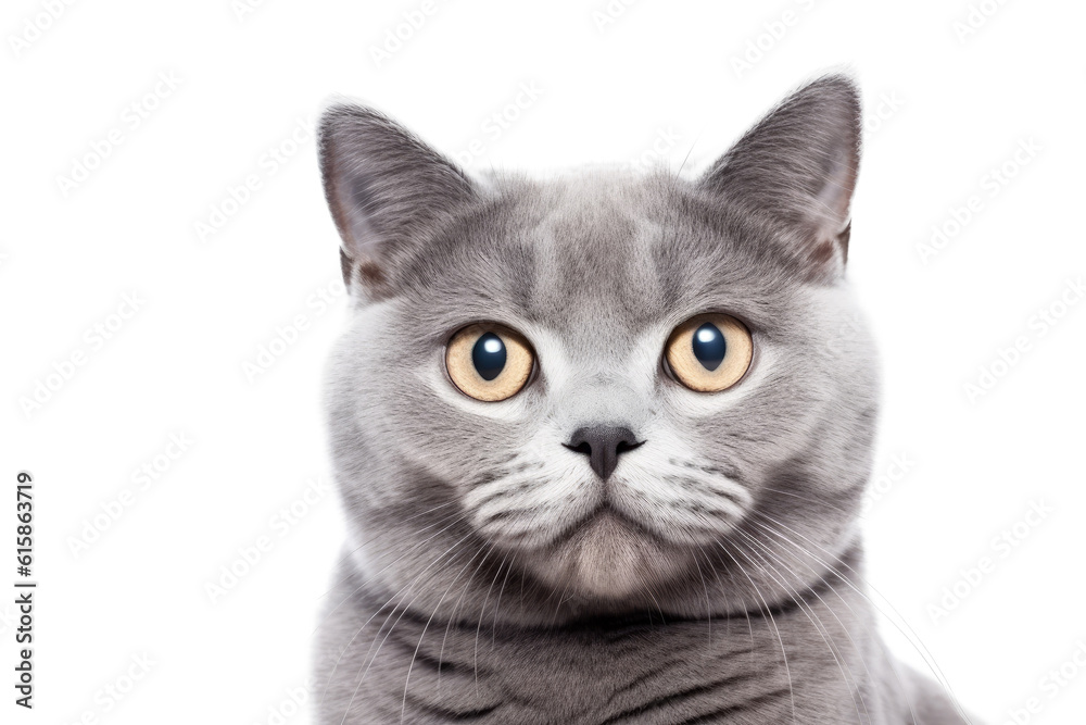Cute fluffy portrait kitty Cat British Shorthair looking at camera isolated on clear png background, funny moment, pet concept, with Generative Ai.