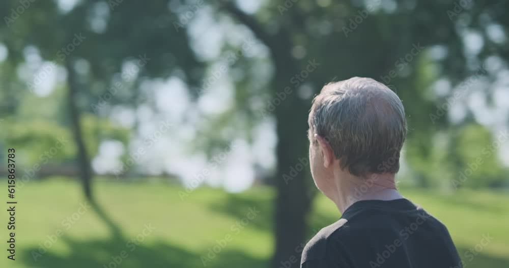 Adult man calmly walks in city park with green grass and trees Adult man calmly walks in city park with green grass and trees