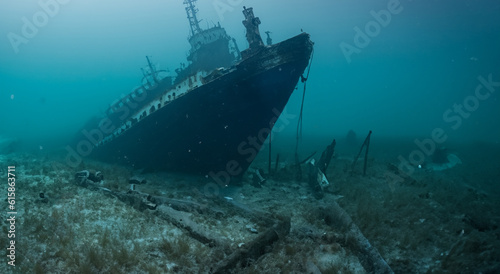 amazing sunken ship below the surface of the sea with good lighting © Marco