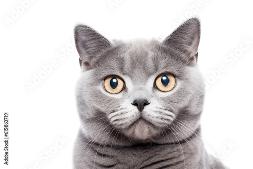 Cute fluffy portrait kitty Cat British Shorthair looking at camera isolated on clear png background, funny moment, pet concept, with Generative Ai. © TANATPON