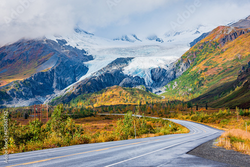 View of Worthington Glacier on highway near Valdez, Alaska in fall season.