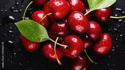 Bunch of fresh organic sweet cherries on textured background. Clean eating concept. Healthy nutritious vegan snack, Generative AI