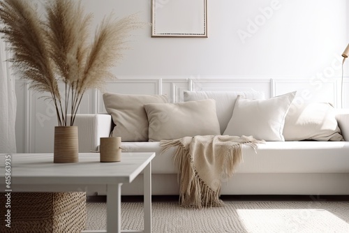 Overlooking a Scandinavian living room's sofa, carpet, and coffee table is a white table top or shelf with straws, dried plants, an ornament, ears, and a branch in a vase. This modern basic interior d