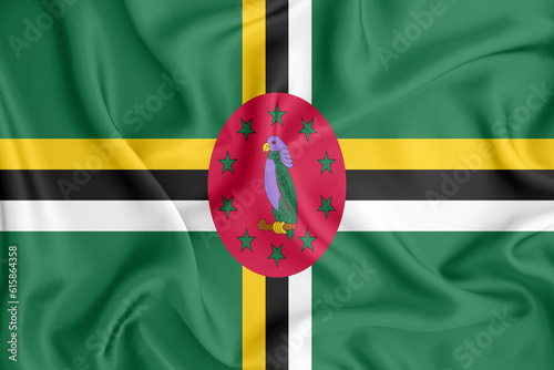 Dominica flag waving with the wind, wide format, 3D illustration rendring. Design with satin fabric. to be used for educational purposes or for illustrations of videos or vlogs.