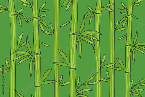 Bamboo forest background. Green cartoon thickets. Natural horizontal banner. Vector illustration © Azat Valeev