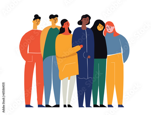 Abstract diverse people group. Coworkers or Friends are standing, hugging, posing together. Cartoon characters. Teamwork, togetherness, friendship. Hand drawn colorful Vector.
