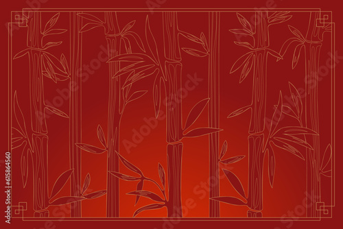 Bamboo forest background. Red thickets in Chinese or Japanese style frame. Natural horizontal banner. Vector eps illustration