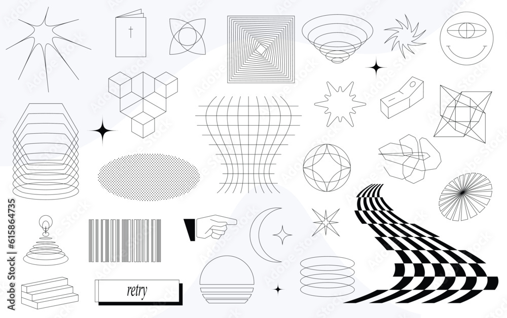 Super trendy geometric Y2K aesthetic brutalism styled linear shapes and forms. Set including stars, deformation, bubbles, arrows and other trendy shapes.