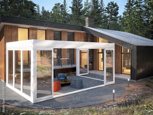 forest house and sunroom on patio. 3d render