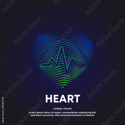 Human medical heart shape with cardio pulse flat line art structure. Vector logo heart care color silhouette on a dark background. EPS 10