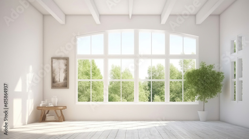 White empty room with summer landscape in window. Scandinavian interior design. 3D illustration. Generative AI