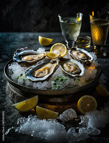oysters on ice with lemon slices and lime wedged in the middle, next to two glasses of water