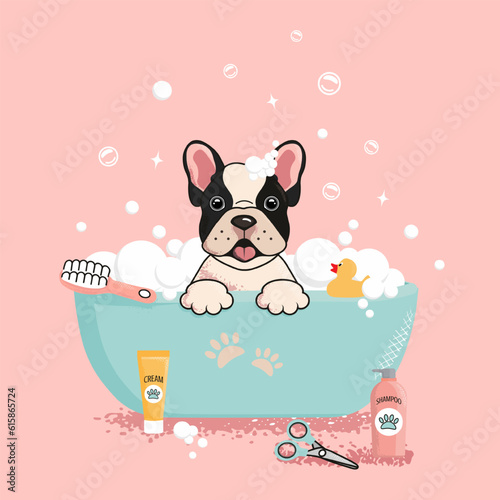 Cute dog in the bubble bath. The concept of grooming salon. Vector illustration in cartoon style. 