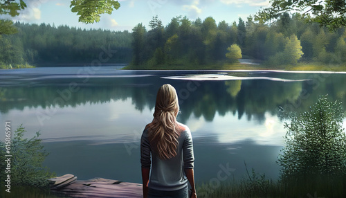 Woman standing by the lake on a serene summer morning, exuding natural beauty, joy, gratitude, peace, solitude, serenity, and a sense of vitality, view from behind Ai generated image