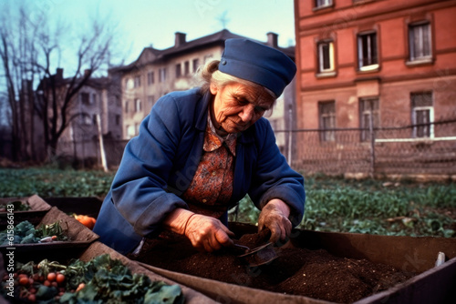 Elderly woman, taking care of her organic garden. Generative AI