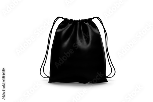 Black shoe or sport bag mockup isolated on white background. 3d rendering.Sport drawstring backpack, gym sack. Cinch tote bag black front and side view. Knapsack, schoolbag, rucksack with ropes.