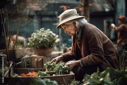 Elderly woman, taking care of her organic garden. Generative AI