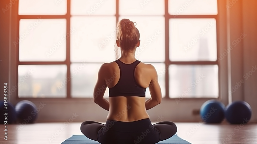 Fototapeta premium Yoga's Dynamic Fusion with Fitness in the Gym for a Young Woman, Generative AI