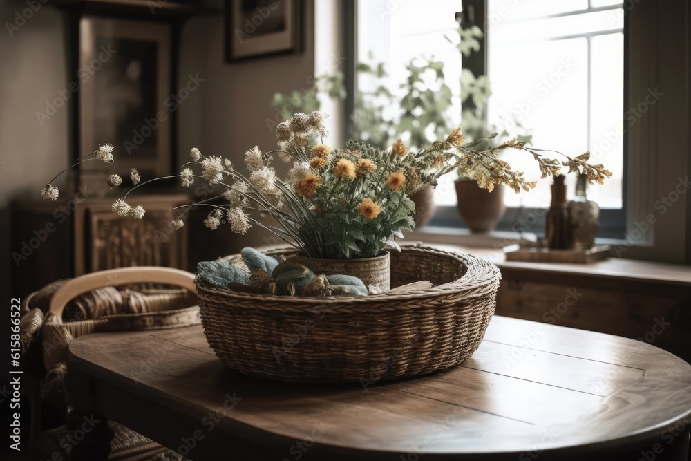 Fototapeta premium On the table are some flowers in a rattan container. selective attention. Generative AI