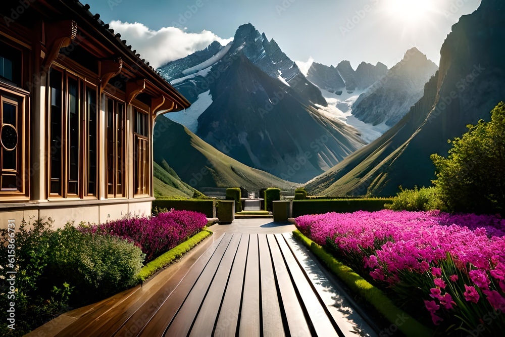 Fototapeta premium A glamorous orchid garden next to a luxurious house with a big mountain in the background. Generative AI