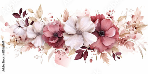 romantica acuarela  con flores en tonos claros rosas, rojos , granates y beiges  sobre fondo blanco .Concepto celebraciones photo
