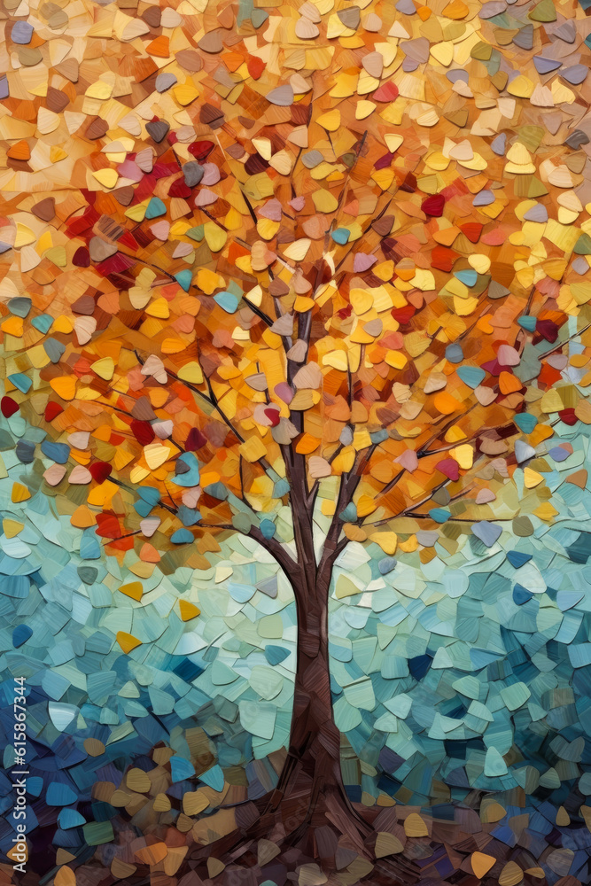 Multicolor abstract autumn tree painting . Colorful leaves forming a Tree of Life. Dark gold and aquamarine, eco, earthy color palettes, textured illustration. Ai generative. - obrazy, fototapety, plakaty 