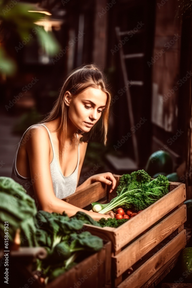 Young woman, taking care of her urban ecological garden. Generative AI. Young woman, taking care of her urban ecological garden. Generative AI.