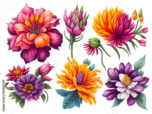 set of colorful flower vibrant watercolor on transparent background generative ai