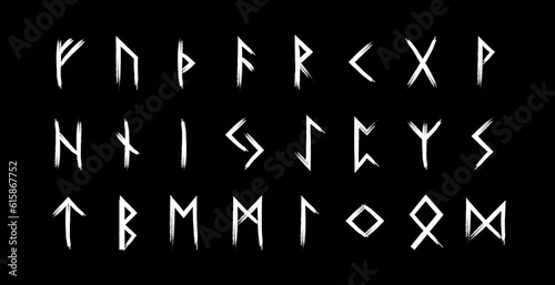 Hand drawn runic alphabet called the Elder Futhark.