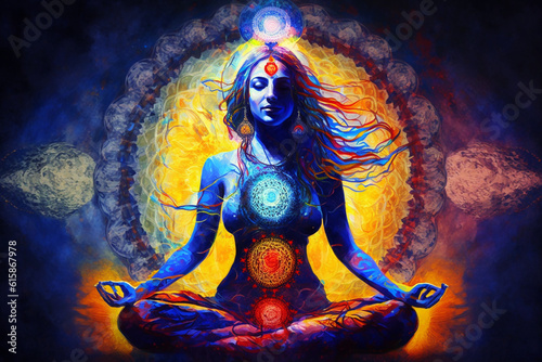 beautiful goddess meditating chakra symbols spiritualit created with generative AI technology © VSzili