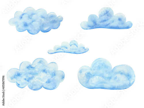 Watercolor clouds in cartoon style. Watercolor illustration on a white background.