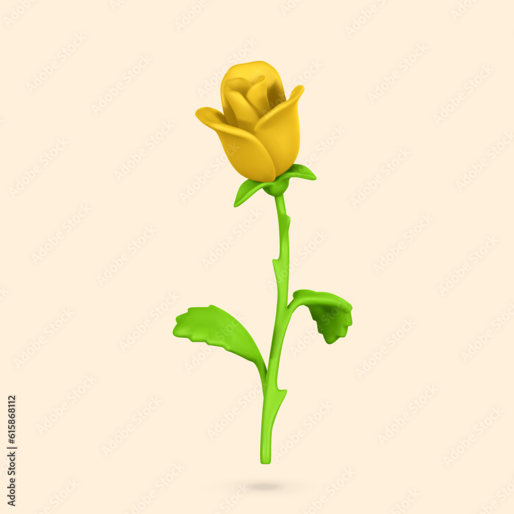 Fototapeta premium 3D flower. Cute yellow rose in cartoon style for bouquet or decoration. Vector illustration