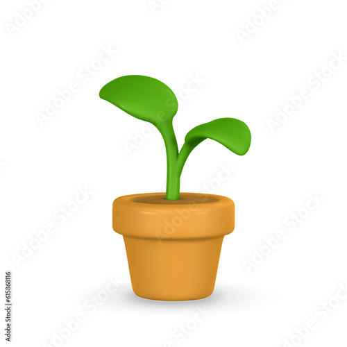 3d realistic cute green plant in pot in cartoon style isolated on light background. Vector illustration