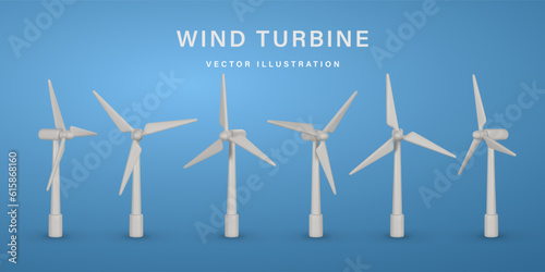 3d realistic wind turbine with shadow in cartoon style. Green and alternative eco energy concept. Vector illustration