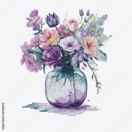 Vase of flowers clipart white background. Watercolor flower in vase bouquet colorful painting.