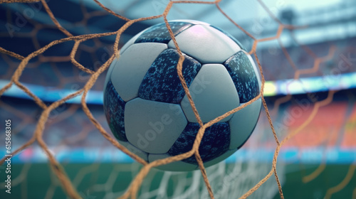 GOAL !, BRAND NEW SOCCER BALL. Sport wallpaper, Entering, Net, Poster, background. A soccer ball with light reflaction effect entering the net. Stadium in the background. 16:9 format. Generative AI