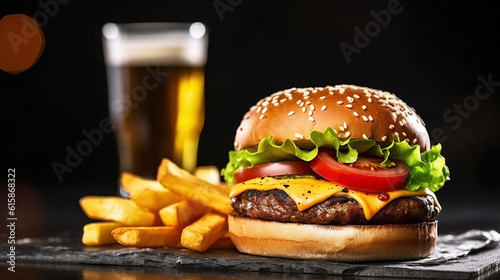 Burger Perfection, Delectable Delight on Slate Plate, Set against a Dark Backdrop. Generative AI